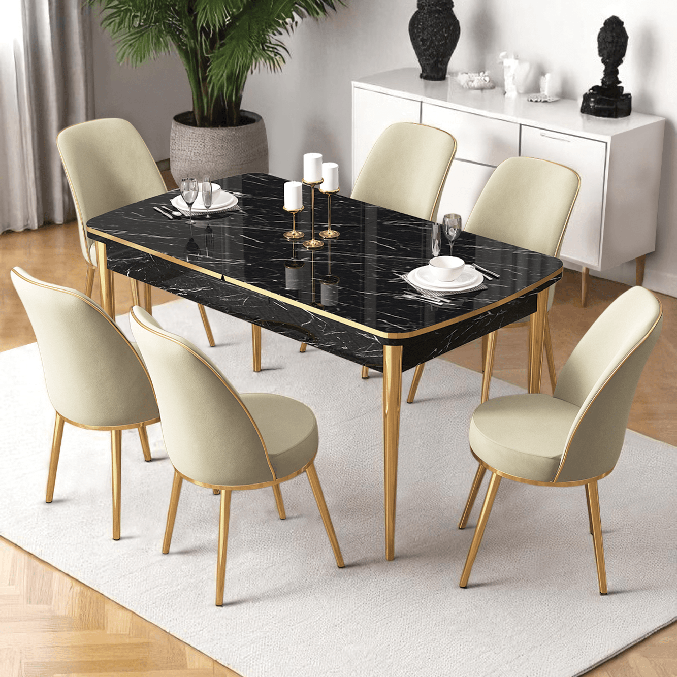 masa siyah mermer krem sandalye gold detay