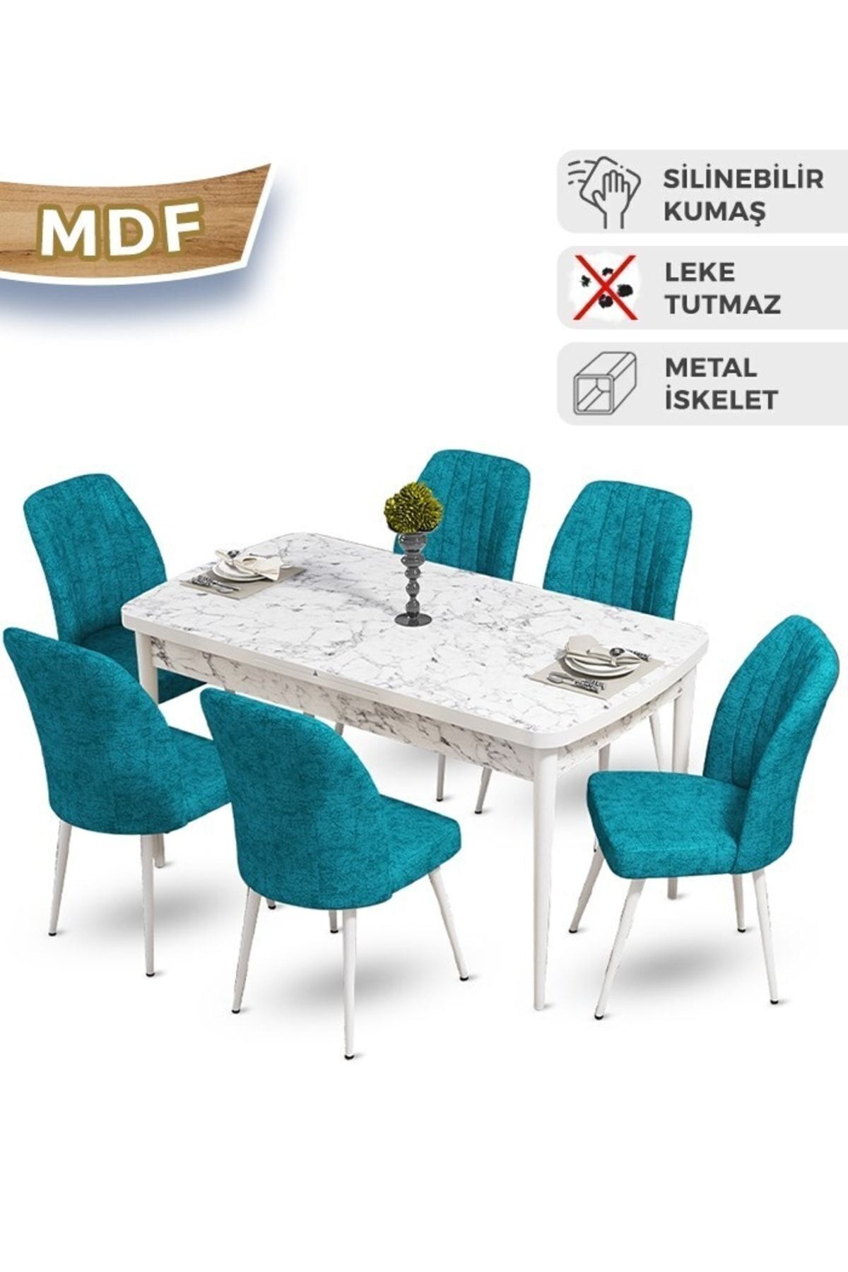 Mun Serisi 80x132 Açılabilir Mdf Beyaz Mermer Desen Masa Takımı Ve 6 Sandalye