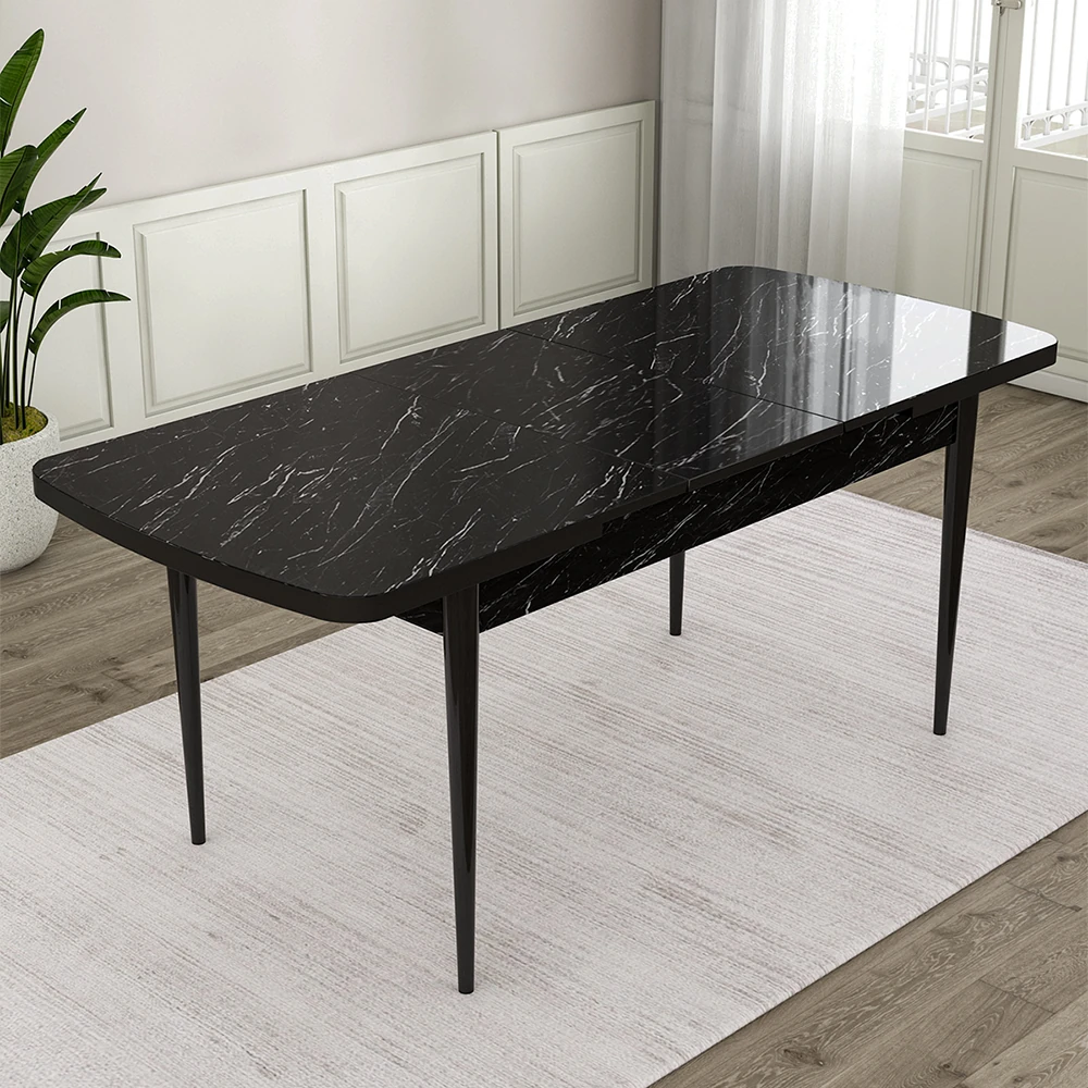 Are Serisi 80x132 Mdf Açılabilir Gold Halka Siyah Mermer Desen Masa Takımı 4 Sandalye Ve 1 Bench