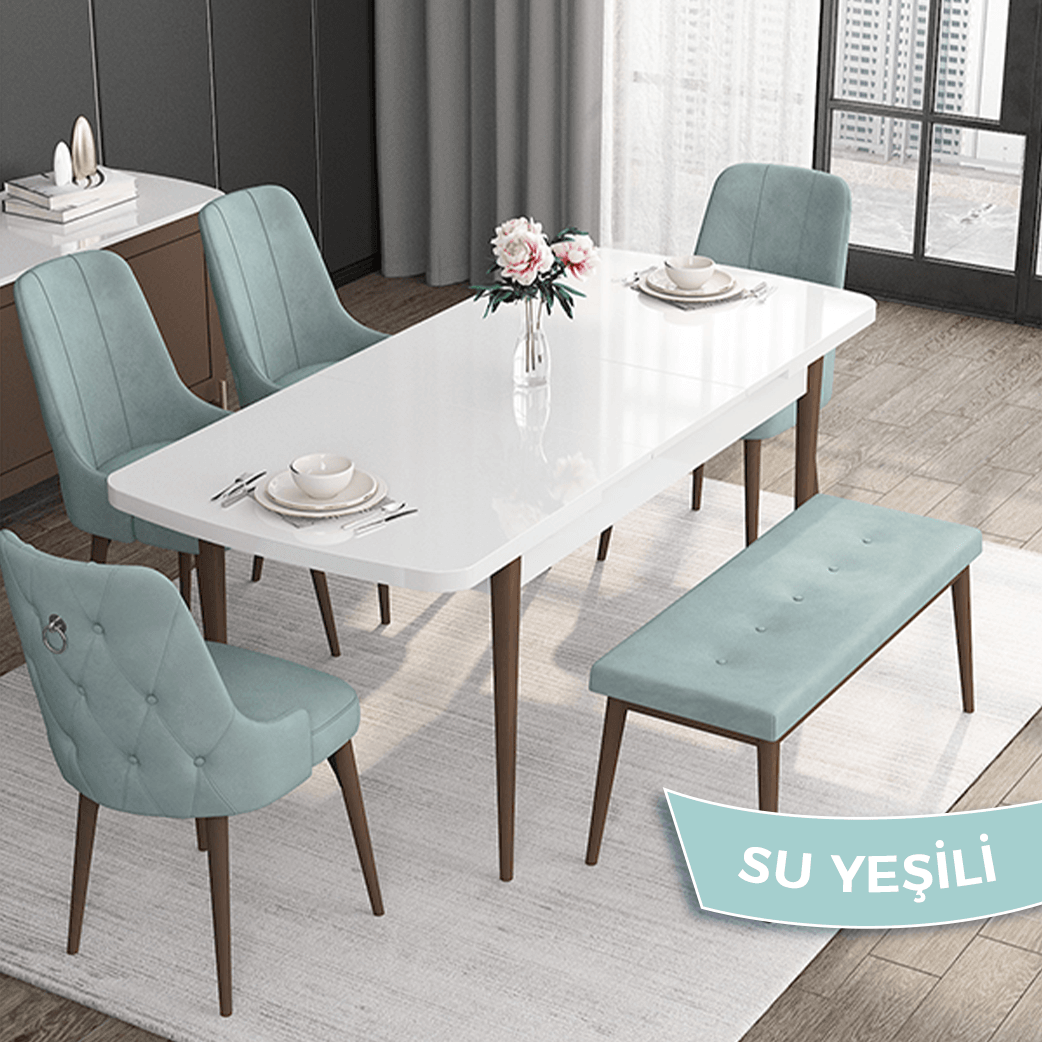 beyaz masa ceviz ayak sandalye su yeşili