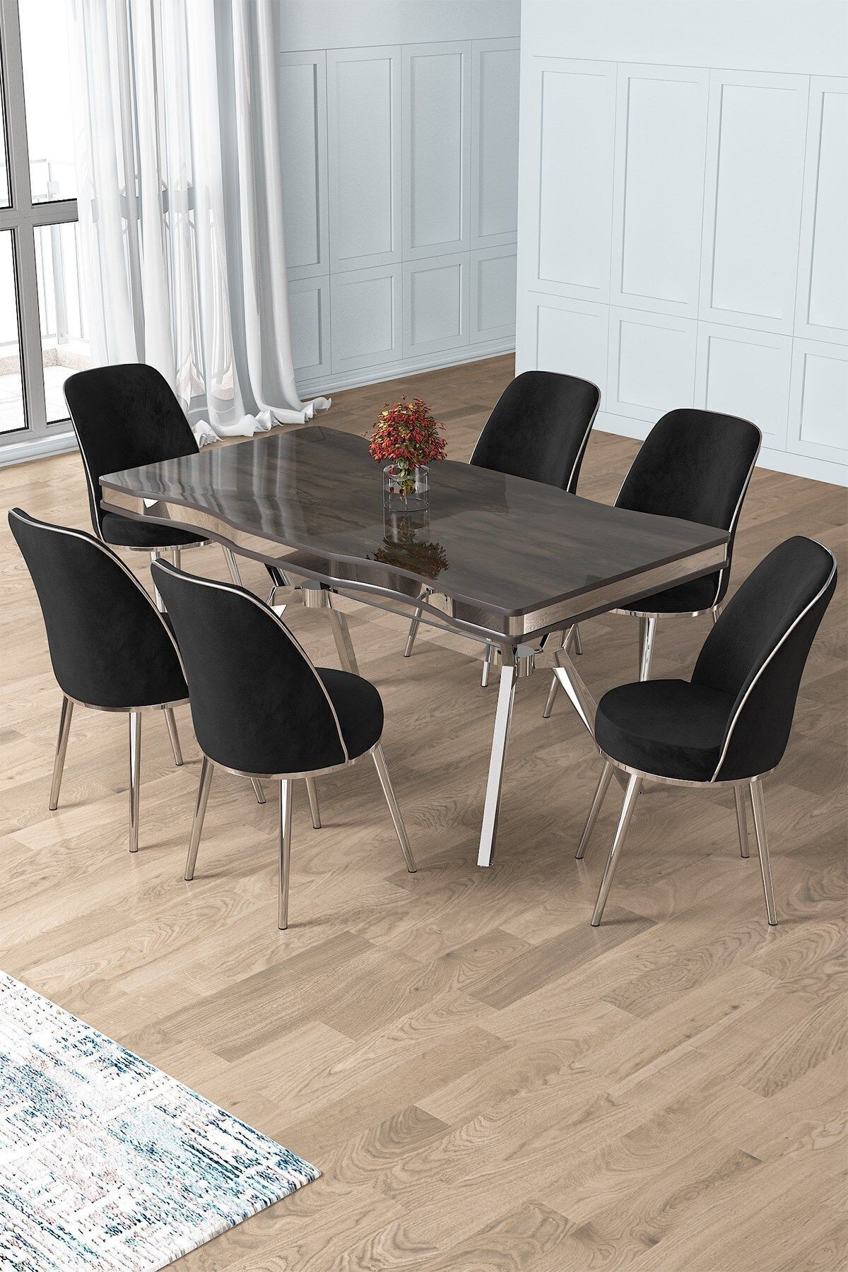 Prah Serisi 90x160 Lak Panel Antrasit İroni Masa ve 6 Sandalye Krom Kaplama Ayak