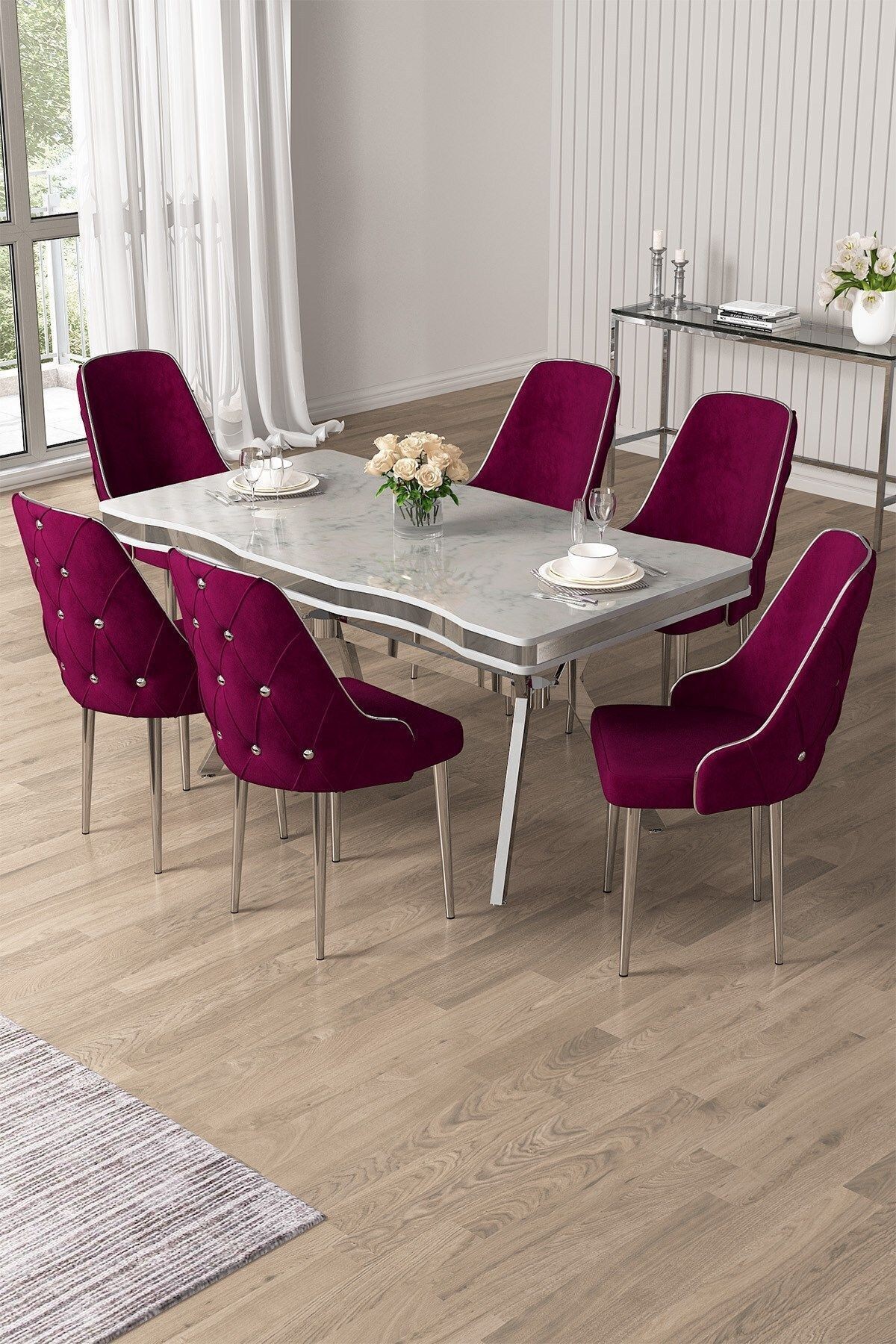 Vae Serisi 90x160 Lak Panel Beyaz Mermer Desen Masa ve 6 Sandalye Krom Kaplama Ayak