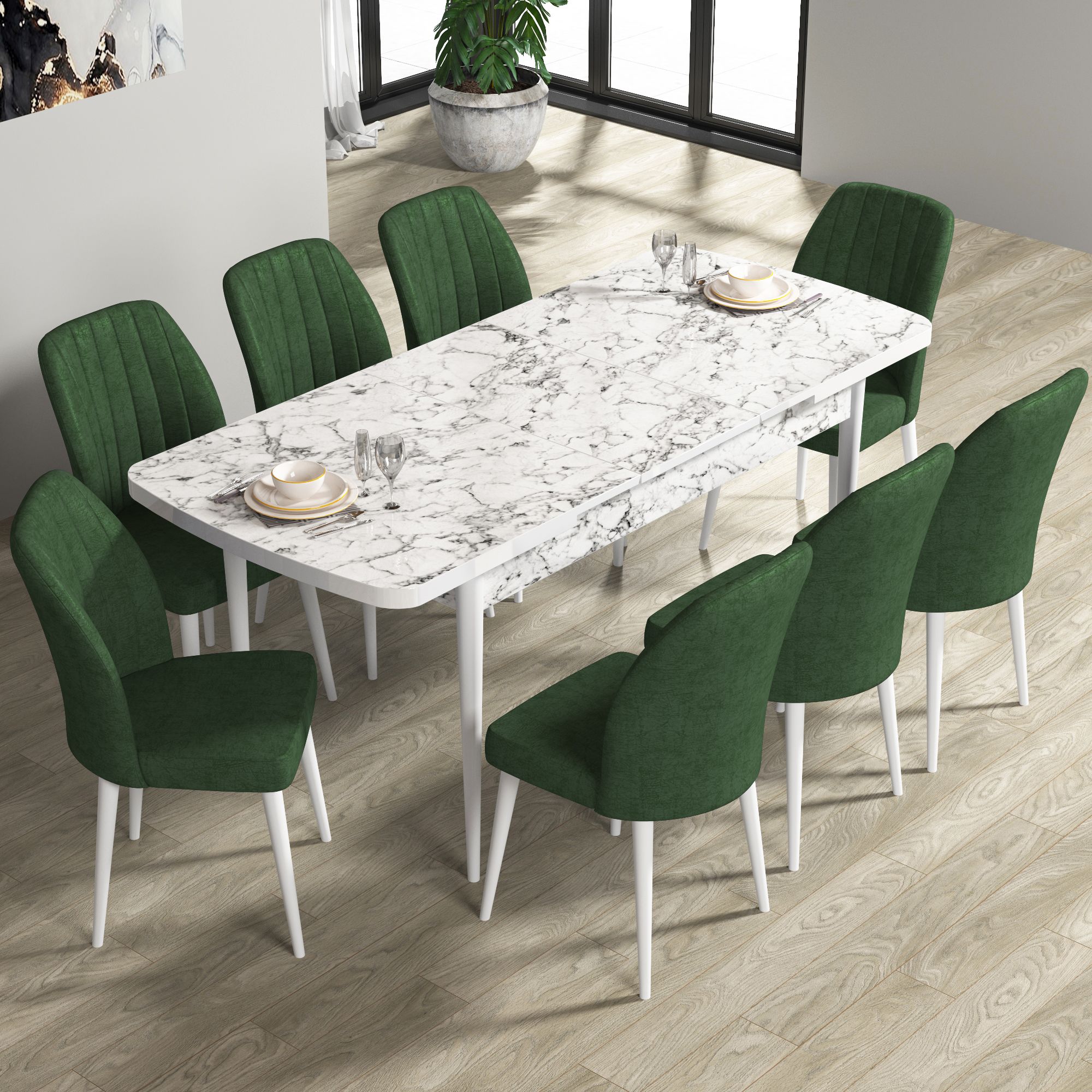 Rio Serisi 80x132 Mdf Açılabilir Beyaz Mermer Desen Masa Takımı Ve 8 Sandalye