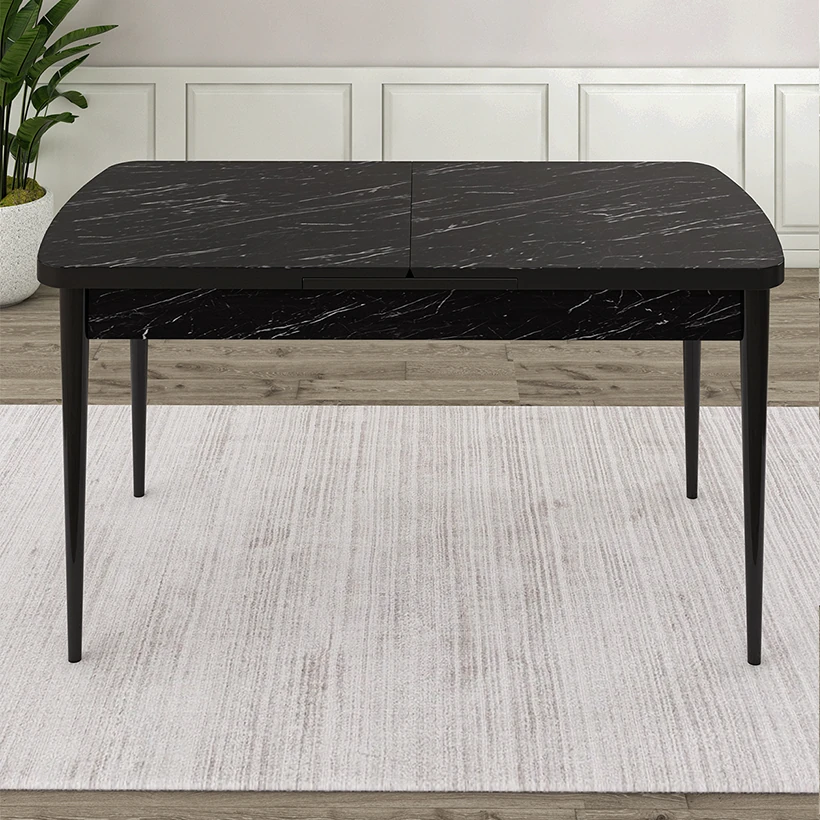 Elf Serisi 80x132 Açılabilir Siyah Mermer Desen Masa Takımı ve 4 Sandalye