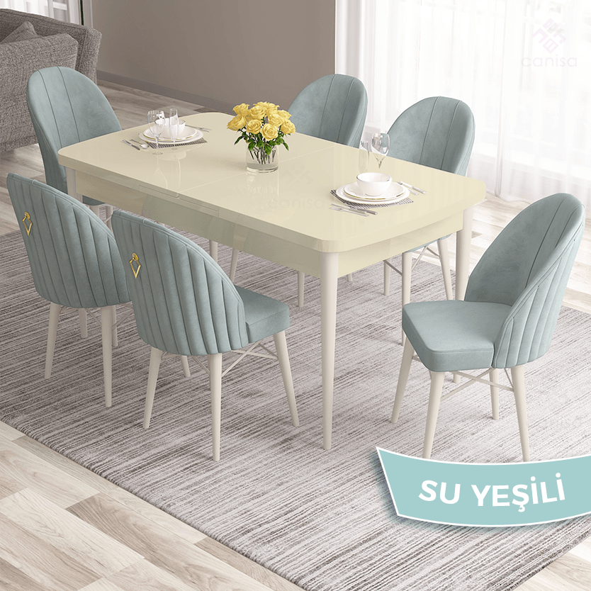Roz Serisi 80x132 Mdf Açılabilir Gold Halka Krem Masa Takımı Ve 6 Sandalye