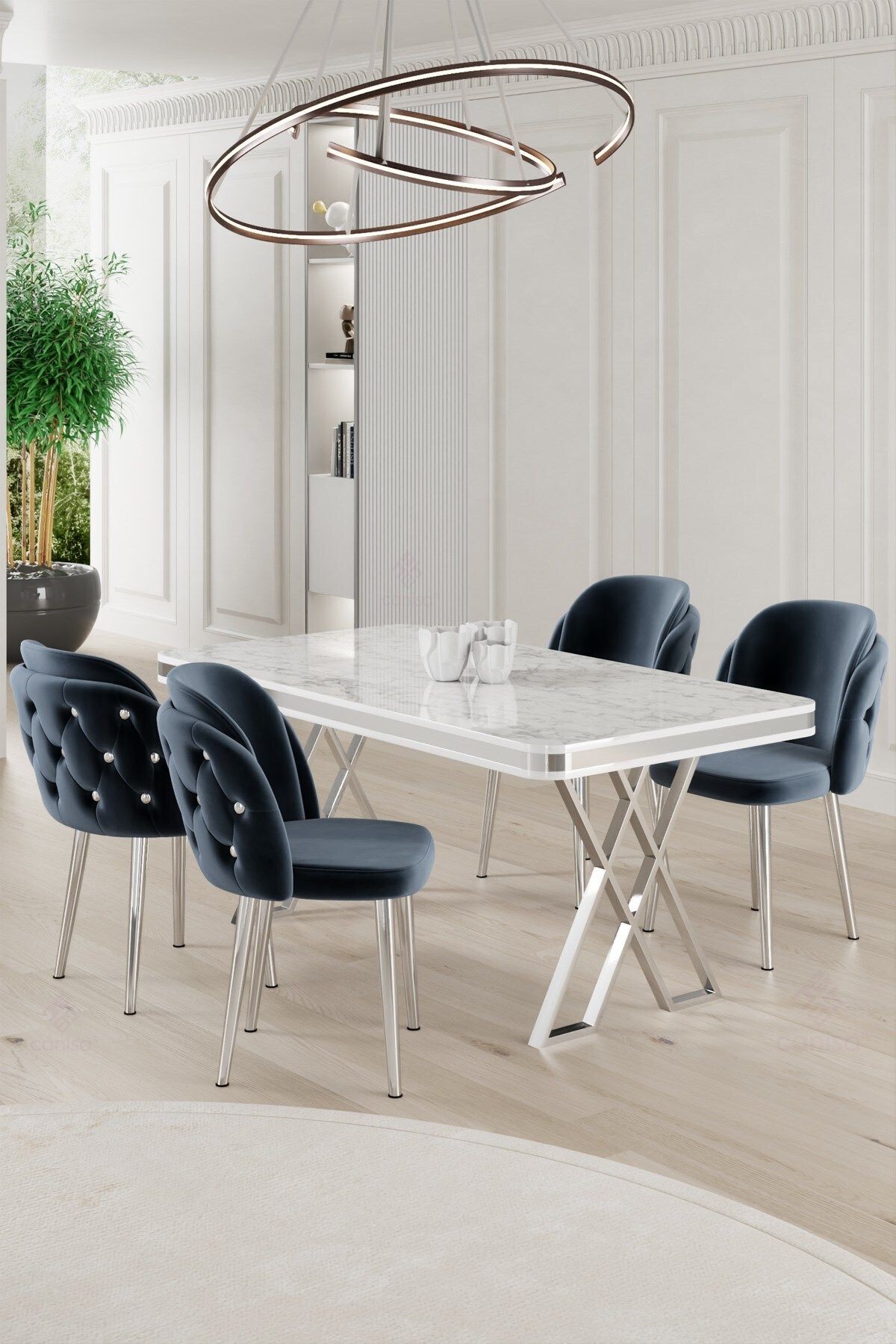 Rigel Serisi 80x130 Lak Panel Beyaz Mermer Desen Masa ve 4 Sandalye Krom Kaplama Ayak