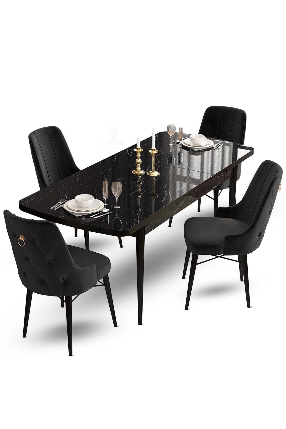 Taç Serisi 80x132 Açılabilir Gold Halka Siyah Mermer Desen Masa Takımı ve 4 Sandalye