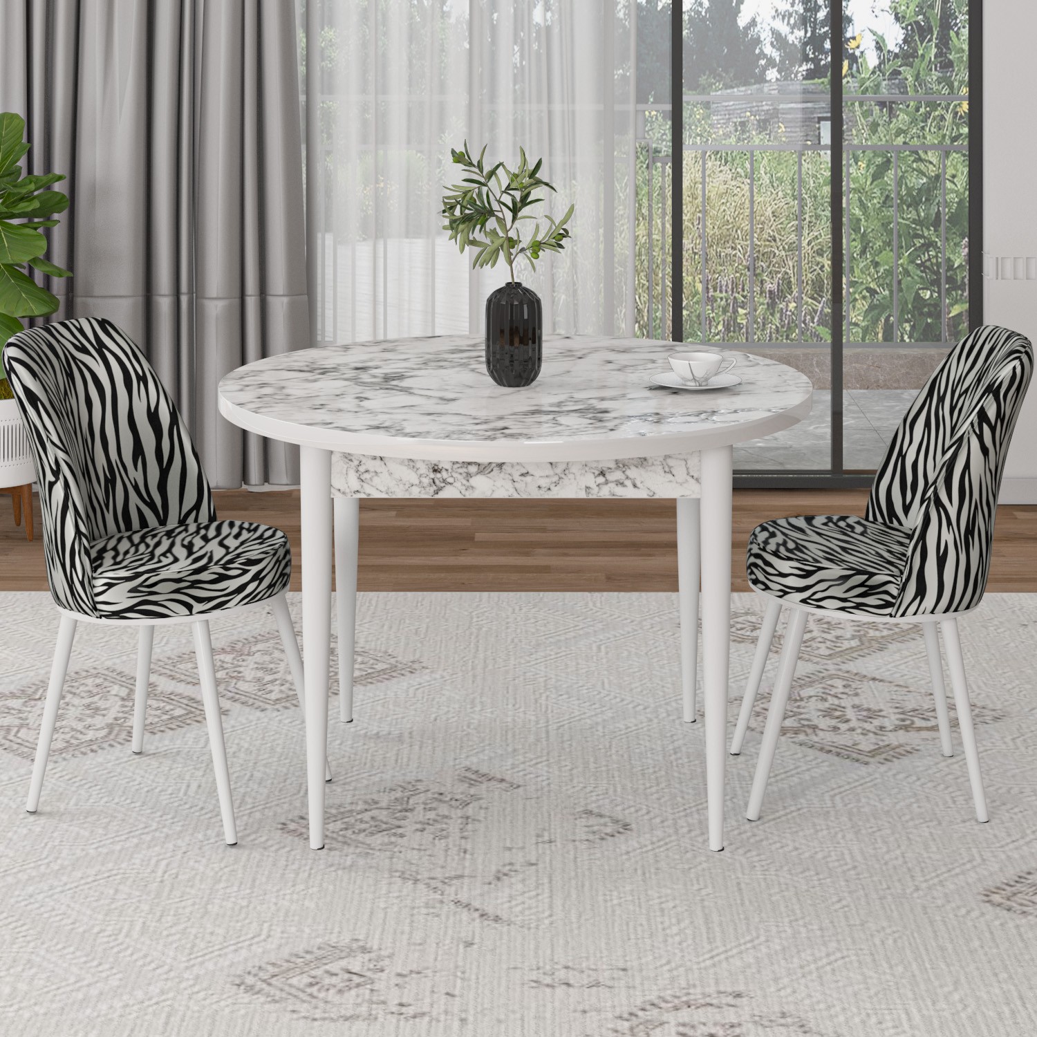 masa beyaz mermer desen sandalye zebra