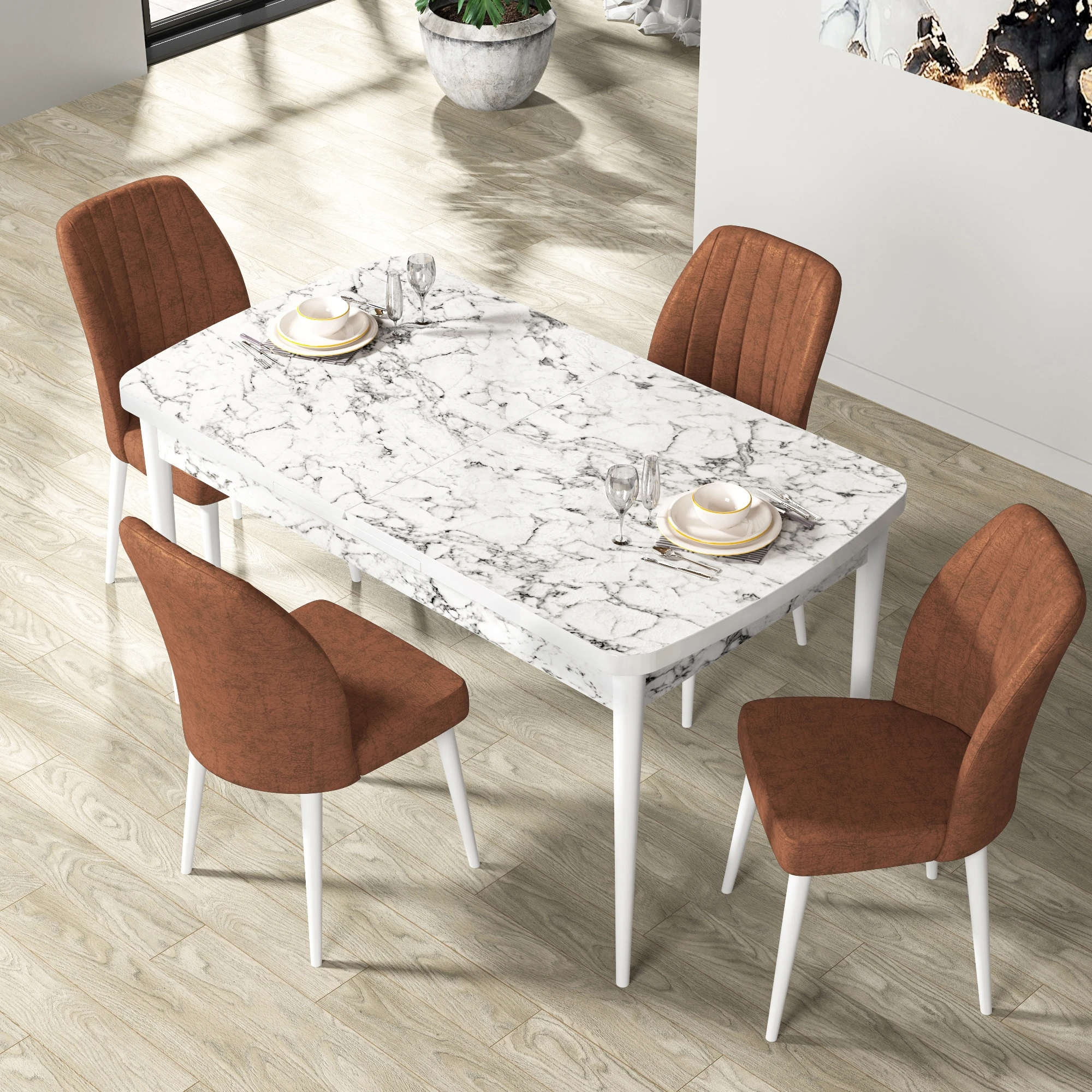 masa beyaz mermer sandalyeler kiremit