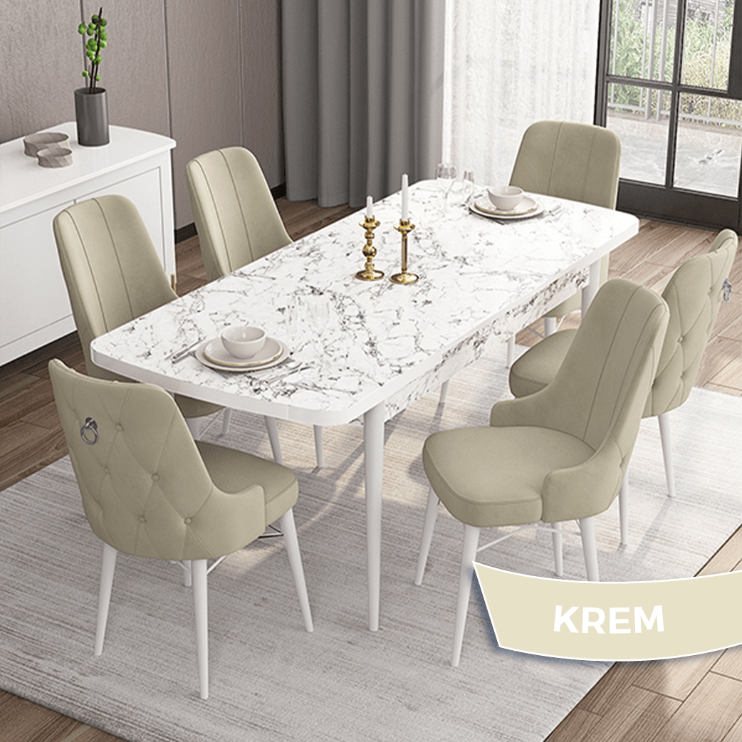 Krem Sandalye beyaz Mermer Desen Masaa
