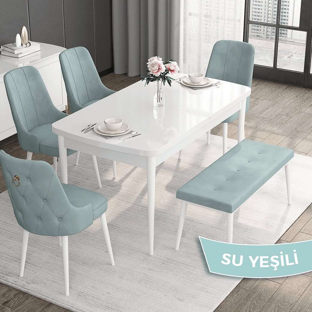 Noa Serisi 80x132 Mdf Açılabilir Gold Halka Beyaz Masa Takımı 4 Sandalye Ve 1 Bench