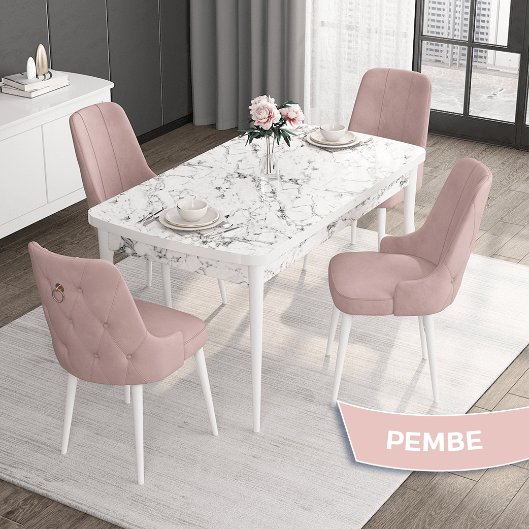 Pembe Sandalye beyaz Mermer Desen Masaa