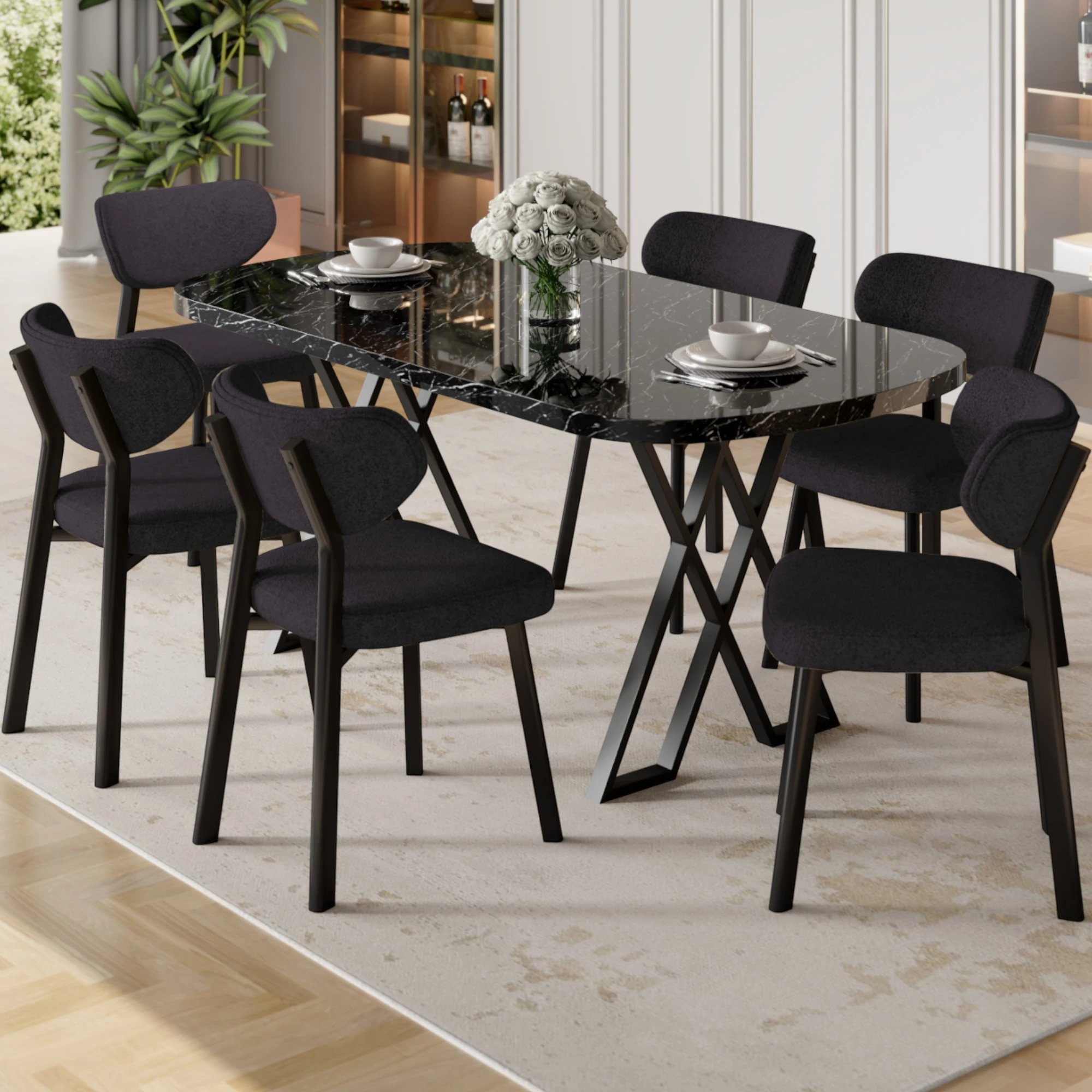 Antrasit Sandalye Siyah Mermer Desen Masa