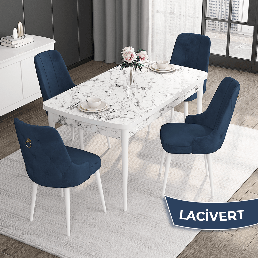 Lacivert Sandalye Beyaz Mermer Desen Masa