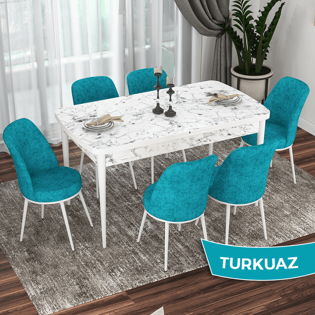 Beyaz Mermer Desen Masa Turkuaz Sandalye