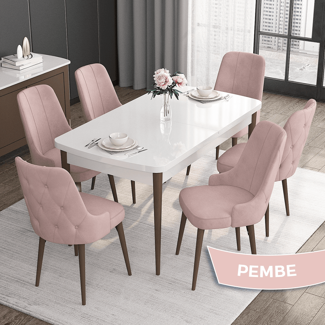 Roy Serisi 80x132 Mdf Açılabilir Beyaz Masa Ceviz Ayak Masa Takımı Ve 6 Sandalye