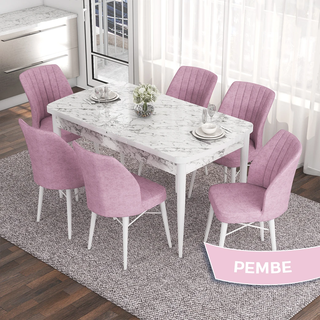 Beyaz Mermer Desen Masa / Pembe Sandalye