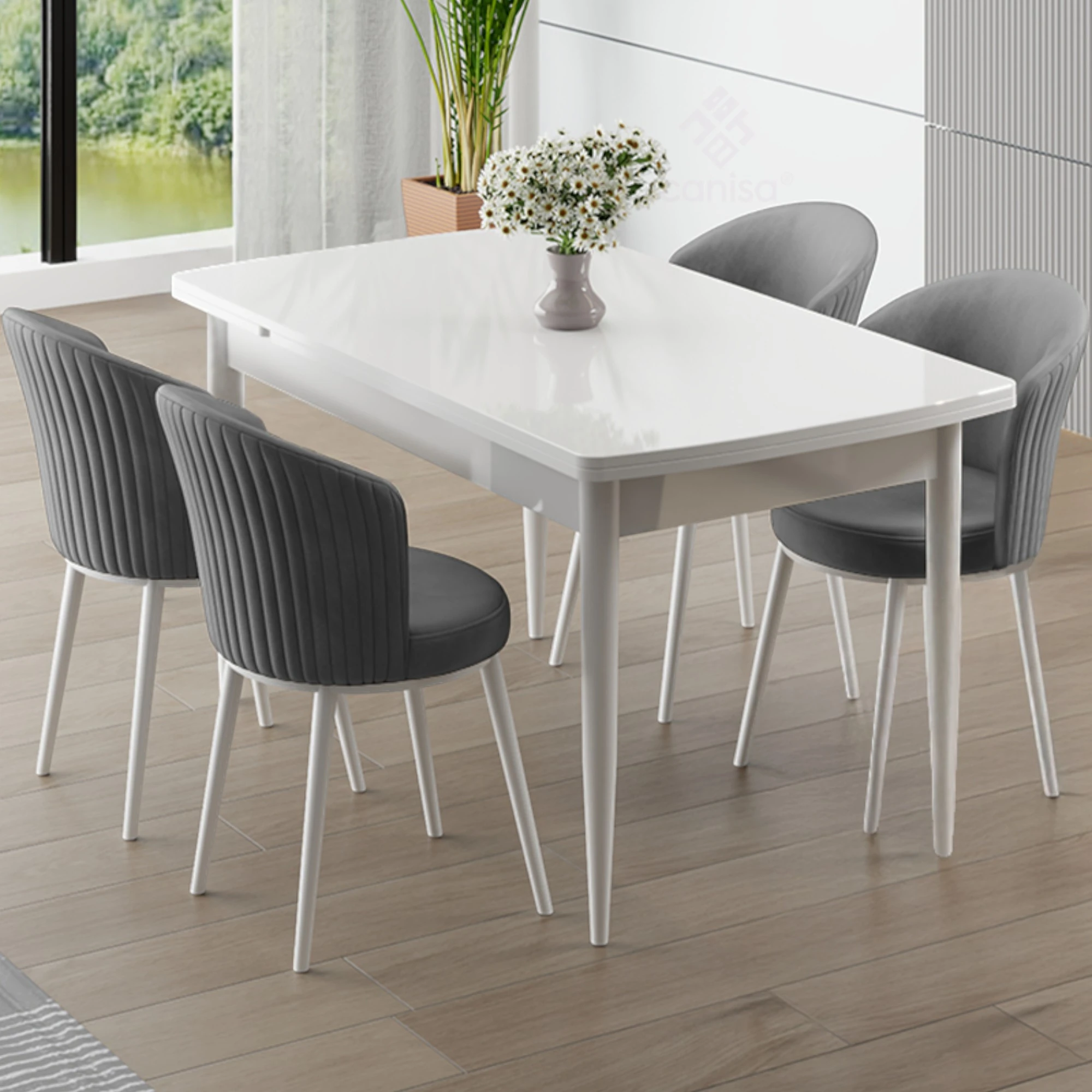 Beyaz Masa Gri Sandalye