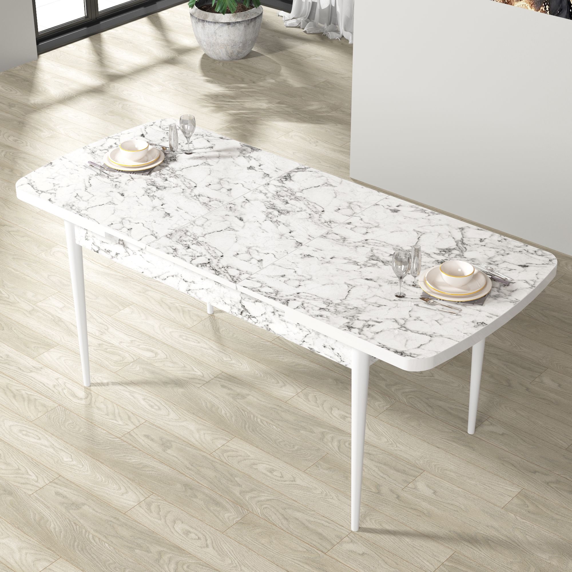 Par Serisi 70x114 Açılabilir Mdf Beyaz Mermer Desen Masa Takımı ve 6 Sandalye