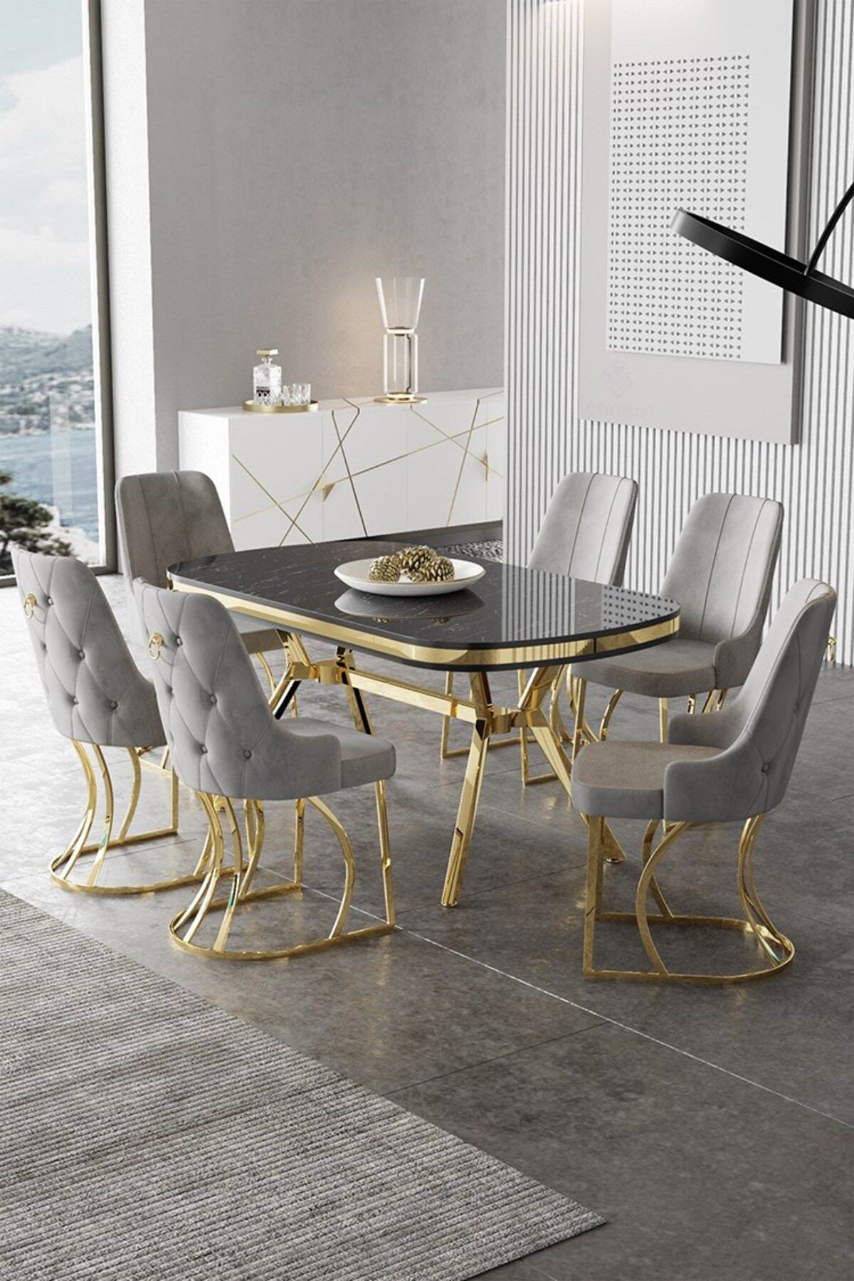 Epal Serisi 90x168 Lak Panel Sonata Masa ve 6 Sandalye Gold Kaplama Ayak