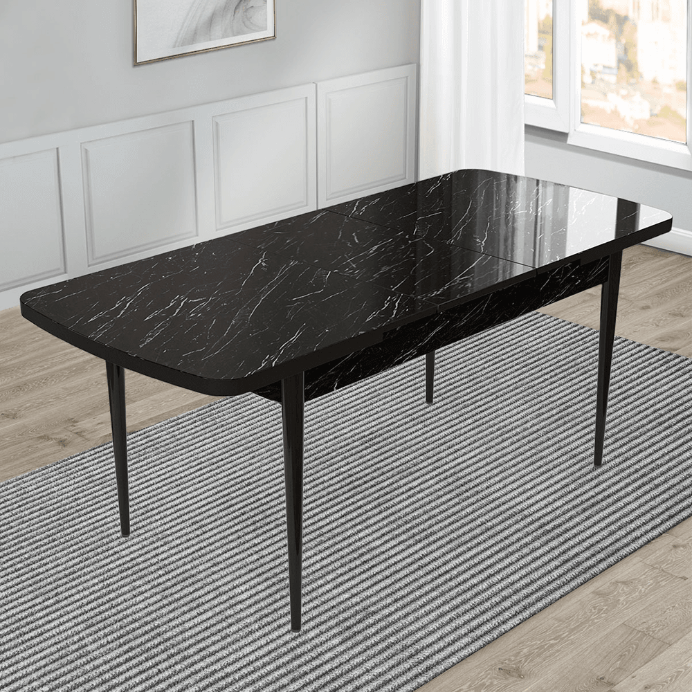 Kar Serisi 80X132 Mdf Açılabilir Siyah Mermer Desen Masa Takımı 4 Sandalye Ve 1 Bench