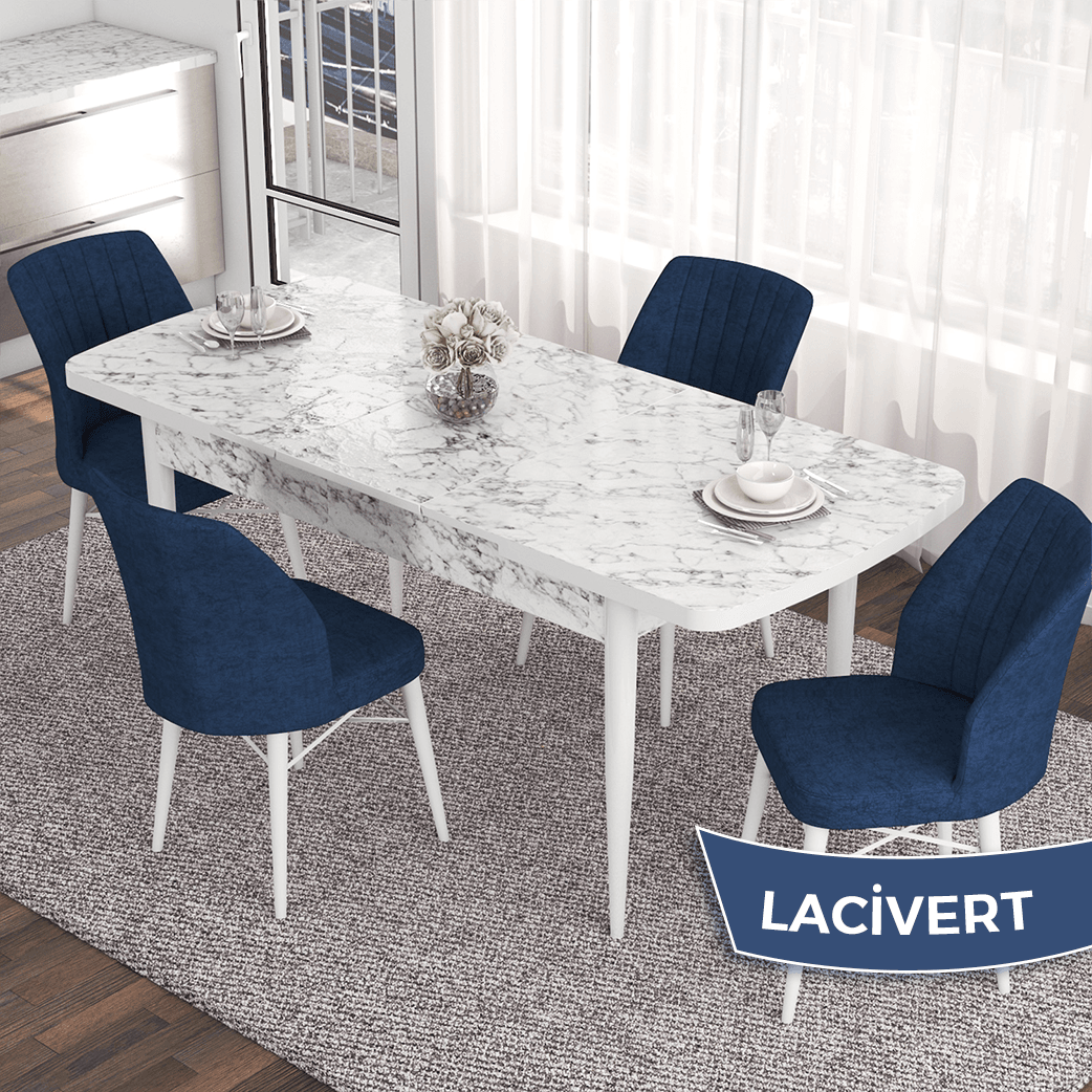 Masa Beyaz Mermer Desen Sandalye lacivert