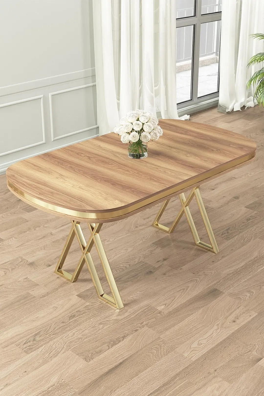 Zae Serisi 90x168 Lak Panel Hazar Masa ve 6 Sandalye Gold Kaplama Ayak