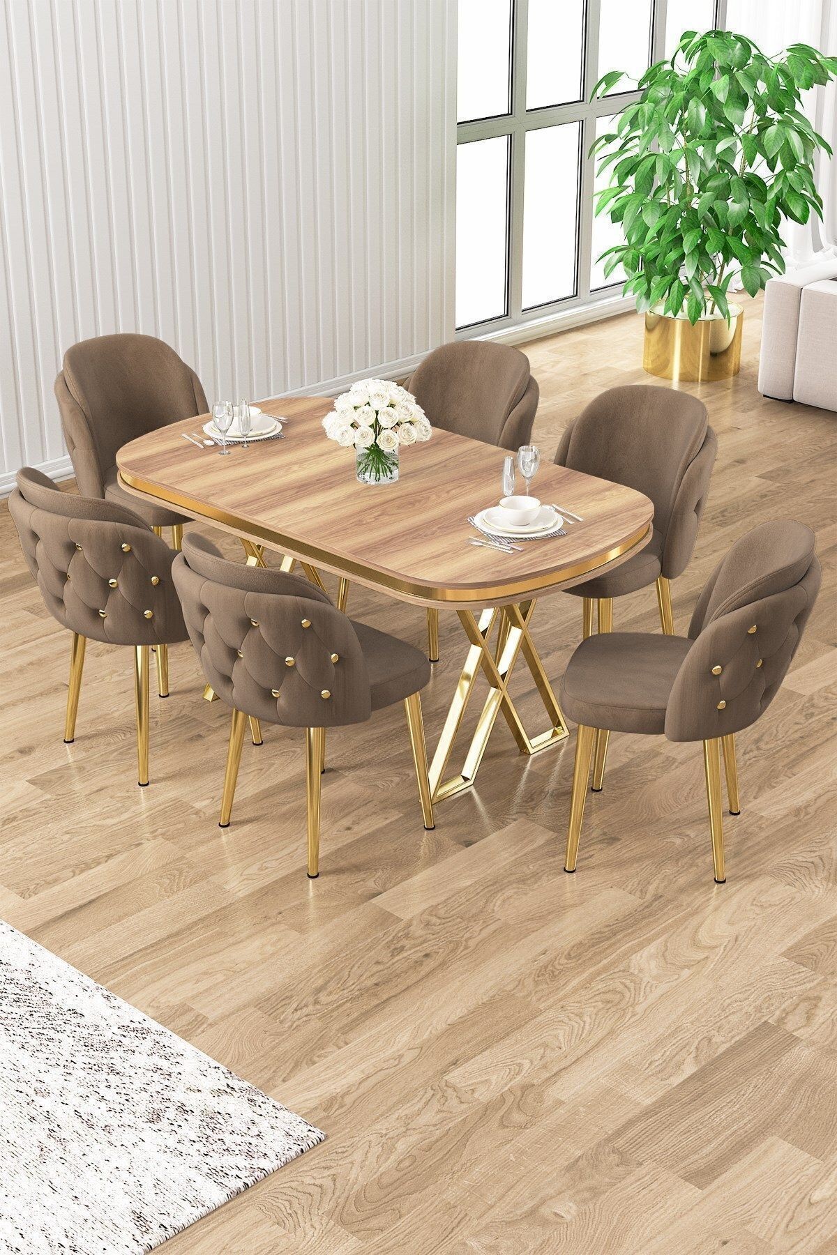 Zae Serisi 90x168 Lak Panel Hazar Masa ve 6 Sandalye Gold Kaplama Ayak