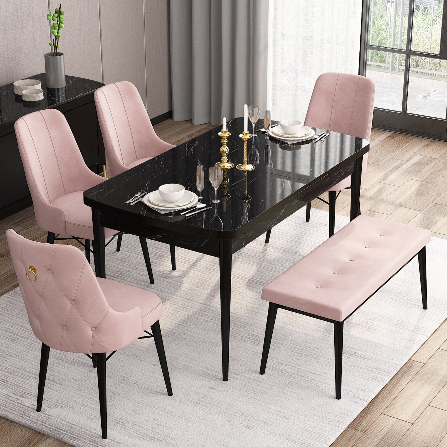 Pembe Sandalye Siyah Mermer Desen Masa