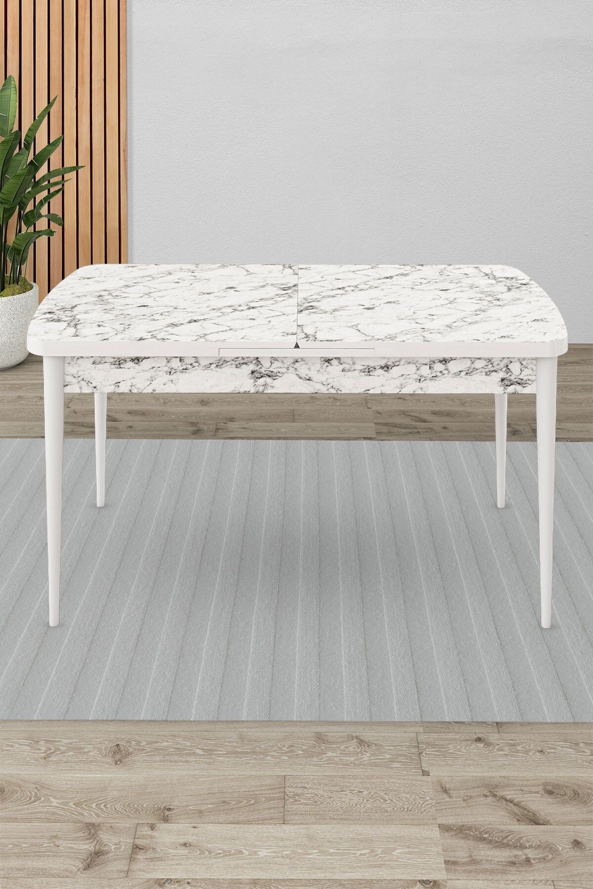 Beyaz Mermer Desen 80x132 Açılabilir Yemek Masası Ahşap Ayak