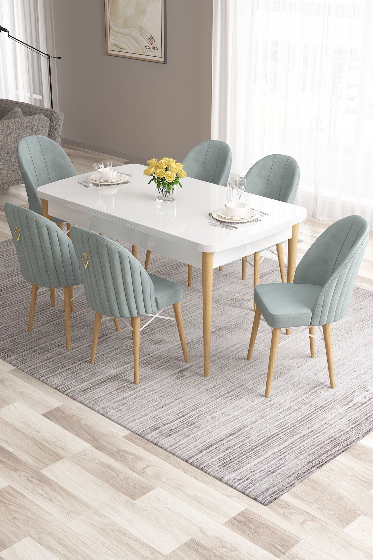 Roz Serisi 80x132 Mdf Açılabilir Gold Halka Beyaz Masa Doğal Ahşap Ayak Masa Takımı Ve 6 Sandalye