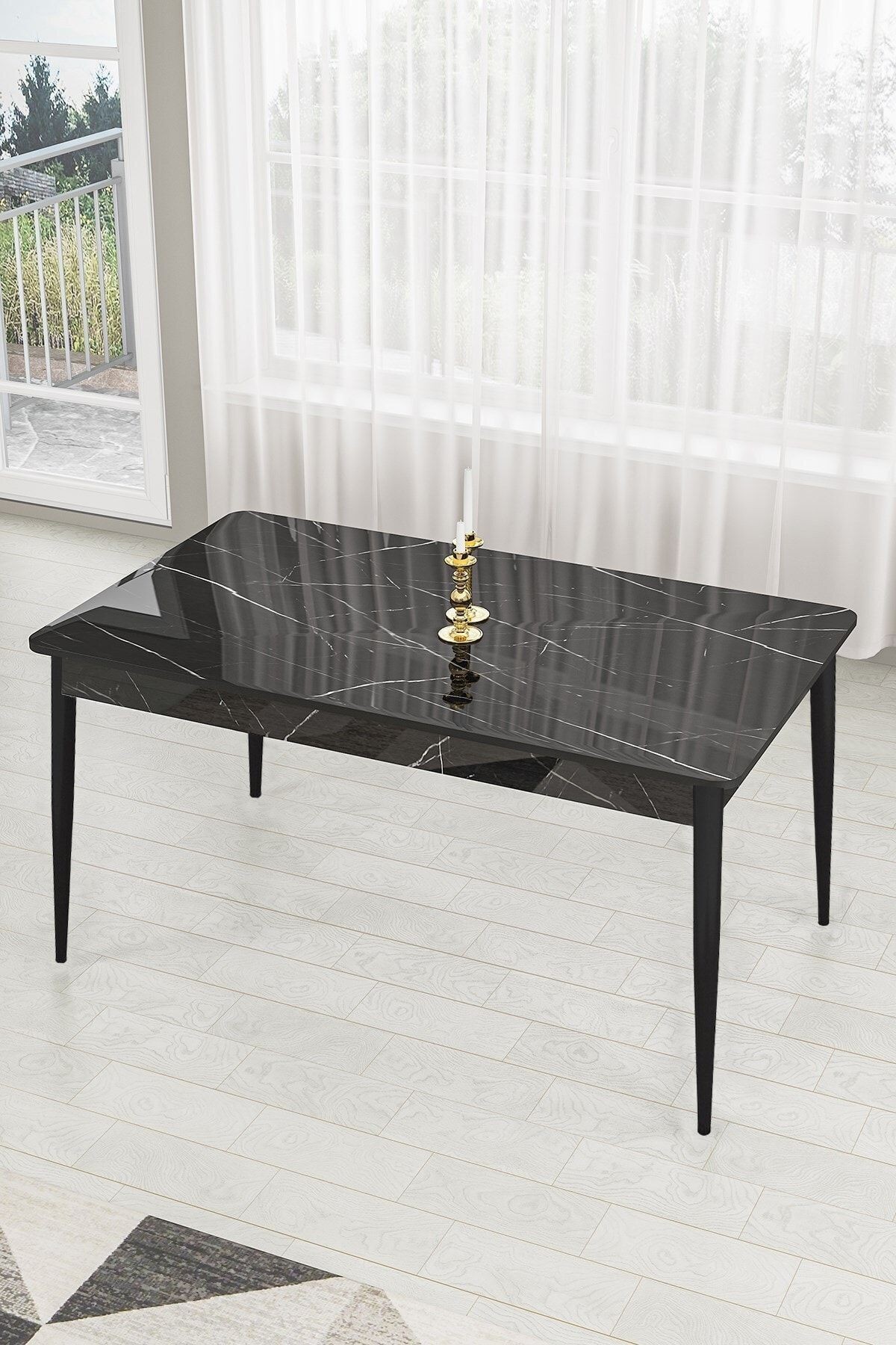 Pir Serisi 80x130 Sabit Siyah Mermer Desen Masa Takımı 4 Sandalye Ve 1 Bench
