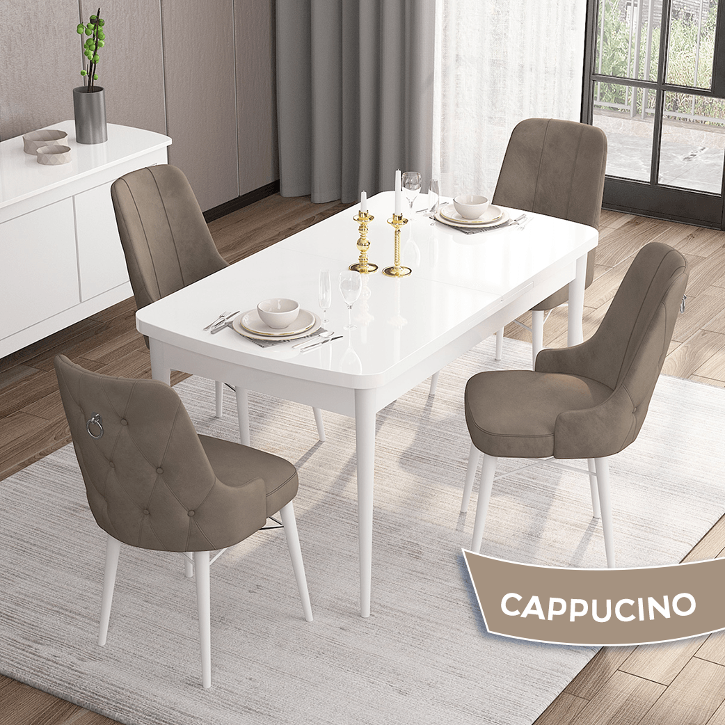 Are Serisi 80x132 Mdf Açılabilir Gümüş Halka Beyaz Masa Takımı Ve 4 Sandalye