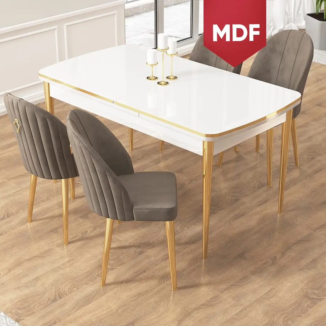 Edaf Serisi 80x132 MDF Açılabilir Gold Detay Beyaz Masa Takımı ve