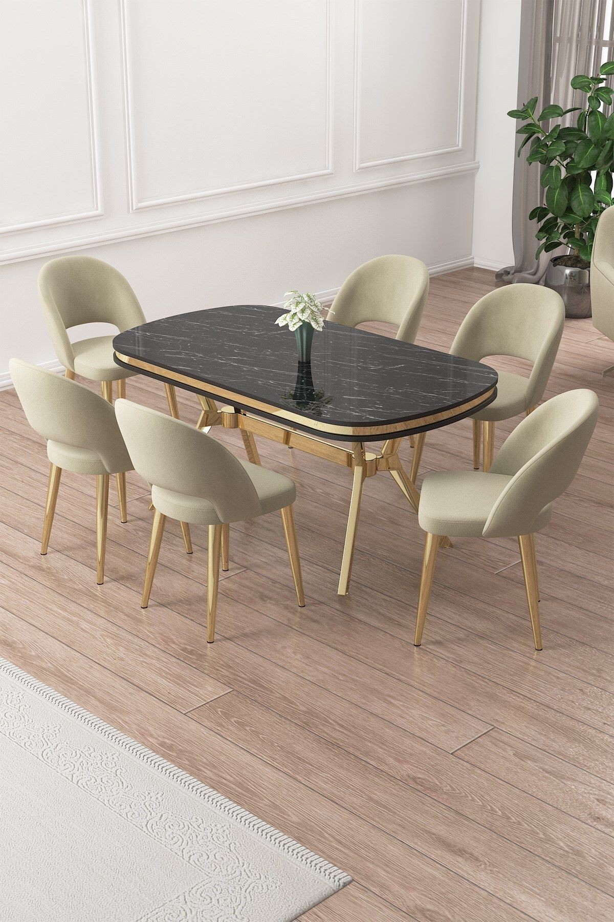 Jita Serisi 90x168 Lak Panel Sonata Masa ve 6 Sandalye Gold Kaplama Ayak