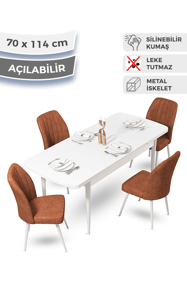 Ege Serisi 70x114 Açılabilir Beyaz Mutfak Masası Takımı ve 4 Sandalye