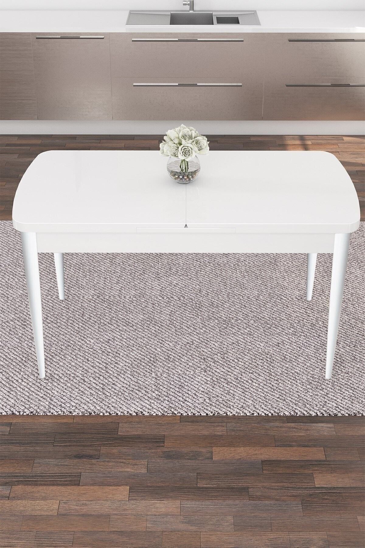 Nex Serisi 80x132 Mdf Açılabilir Gümüş Halka Beyaz Masa Takımı Ve 6 Sandalye