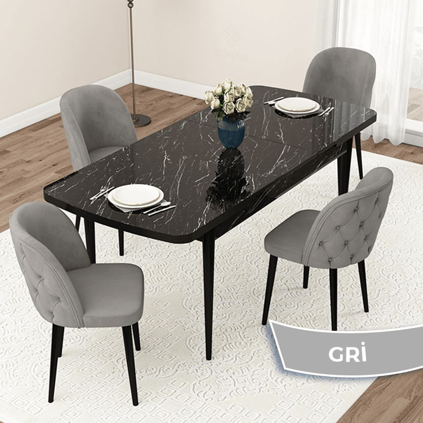 Jae Serisi 80x132 Açılabilir Siyah Mermer Desen Masa Takımı Ve 4 Sandalye