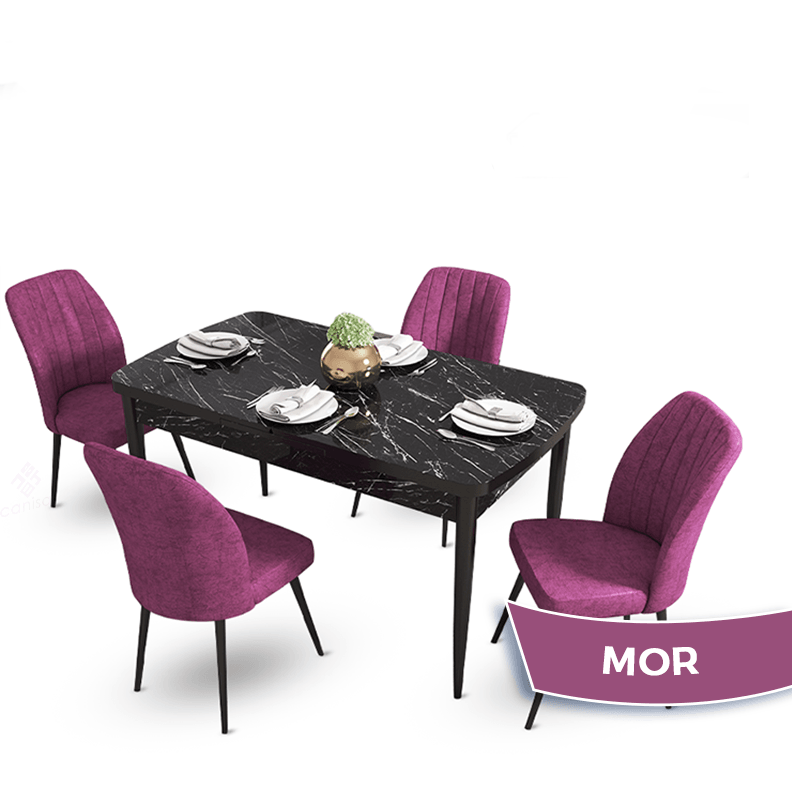 masa siyah mermer desen sandalye mor renk