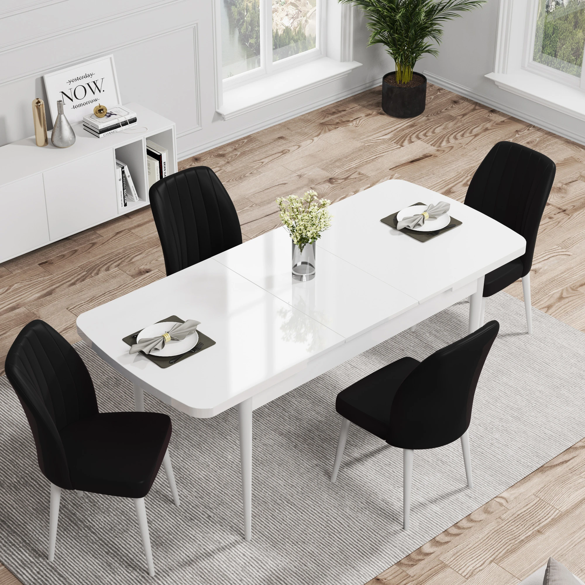 Rio Serisi 80x132 Mdf Açılabilir Beyaz Masa Takımı Ve 4 Sandalye