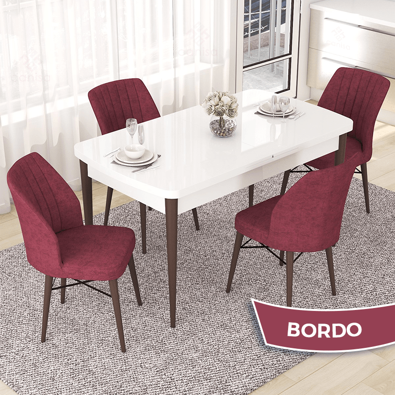 masa beyaz ayak ceviz sandalyeler bordo
