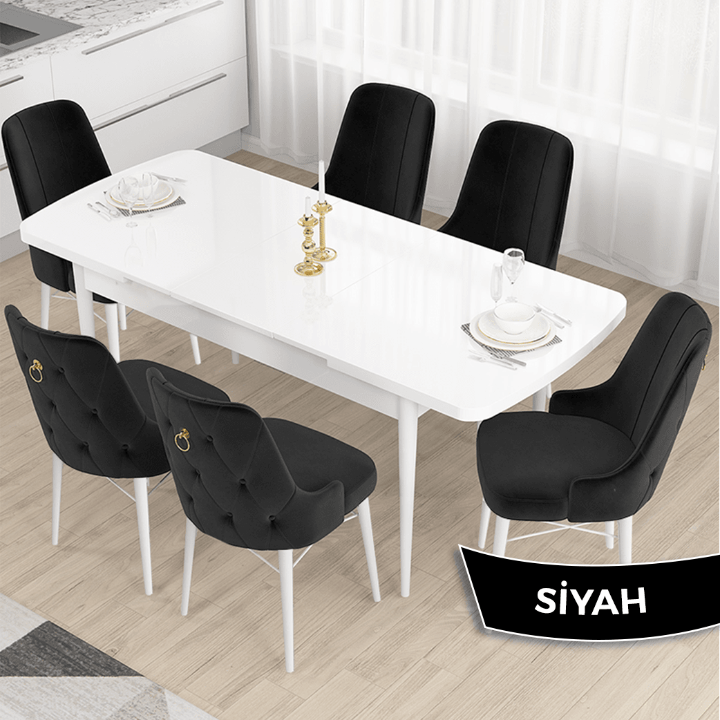 Taç Serisi 80x132 Açılabilir Gold Halka Beyaz Masa Takımı ve 6 Sandalye