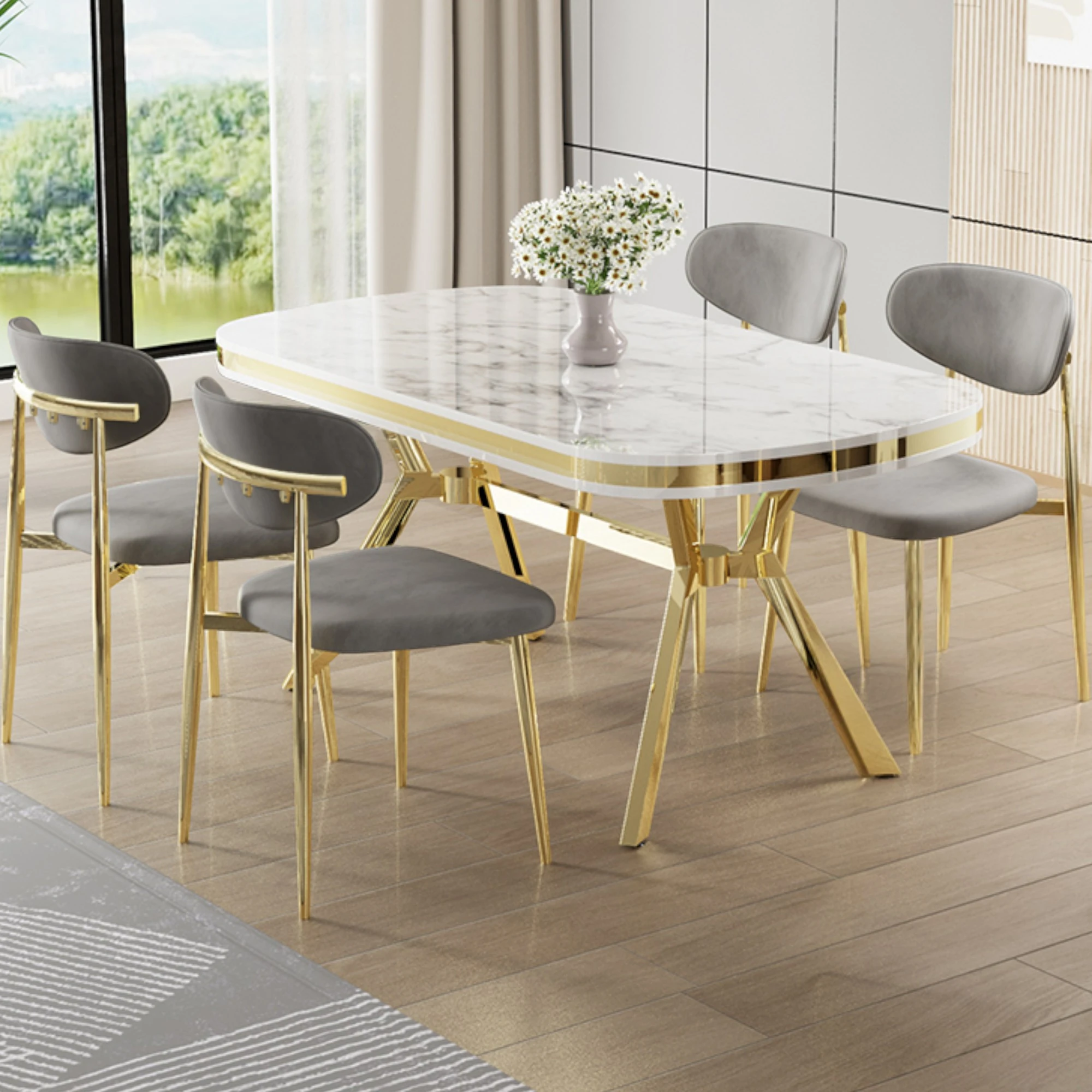 Beyaz Mermer Desen Masa Gri Sandalye Gold Ayak