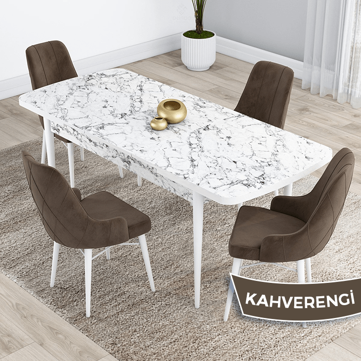 Masa Beyaz Mermer Desen Sandalye Cappucino Renk