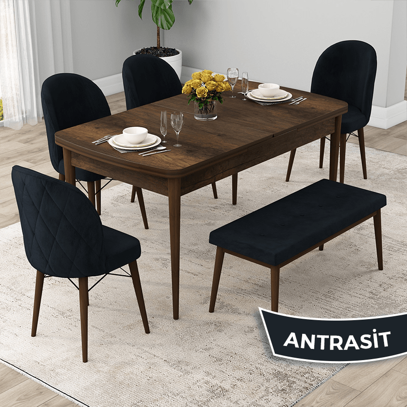 Rut Serisi 80x132 Açılabilir Barok Ahşap Desen Masa Takımı 4 Sandalye Ve 1 Bench