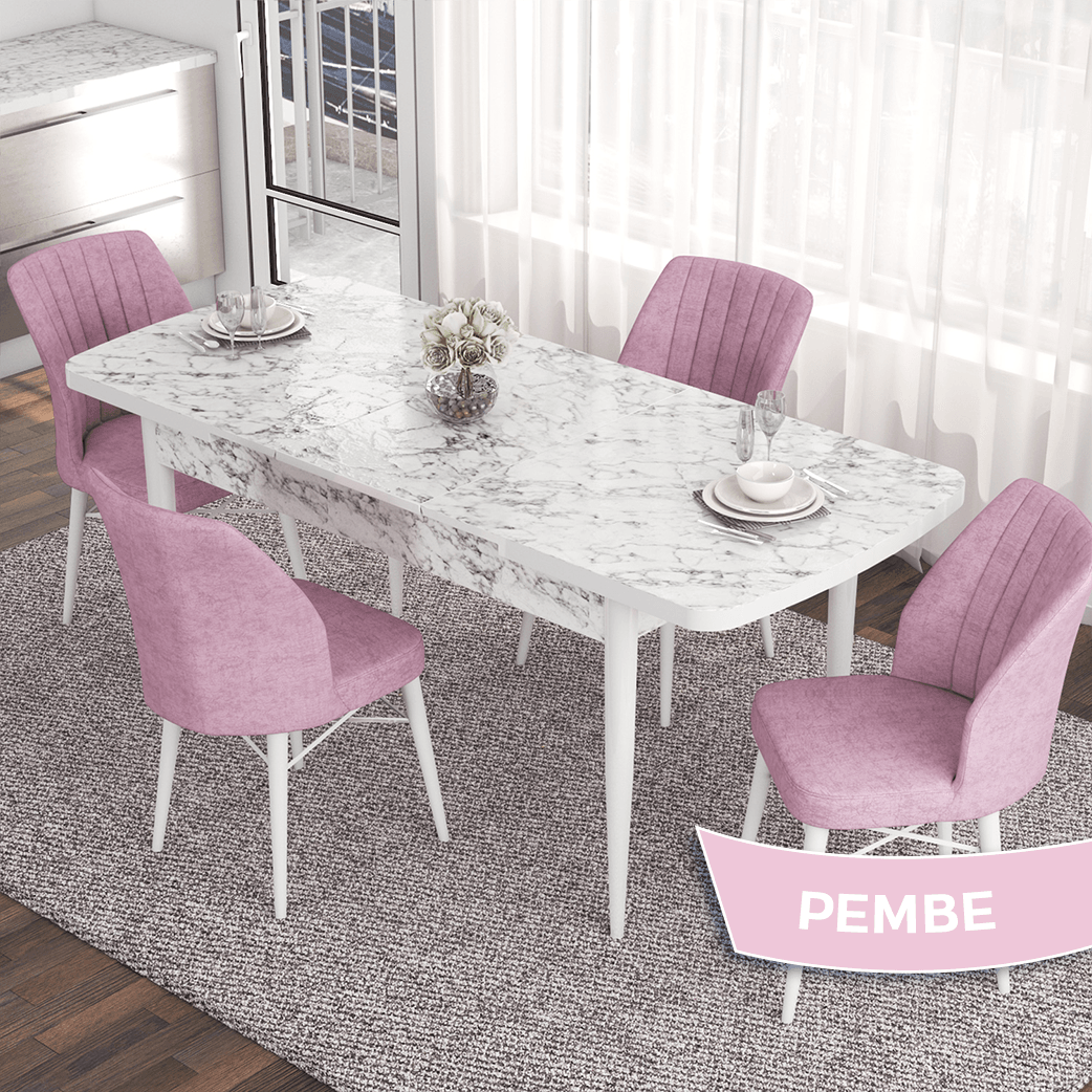 Beyaz Masa Pembe Renk Sandalye