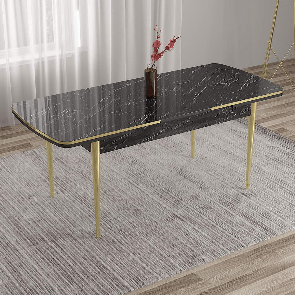 Pale Serisi 80x132 Açılabilir Siyah Mermer Desen Gold Detay Masa Takımı ve 6 Sandalye