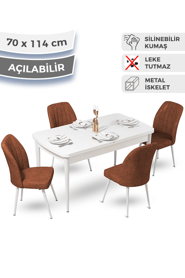 Ege Serisi 70x114 Açılabilir Beyaz Mutfak Masası Takımı ve 4 Sandalye