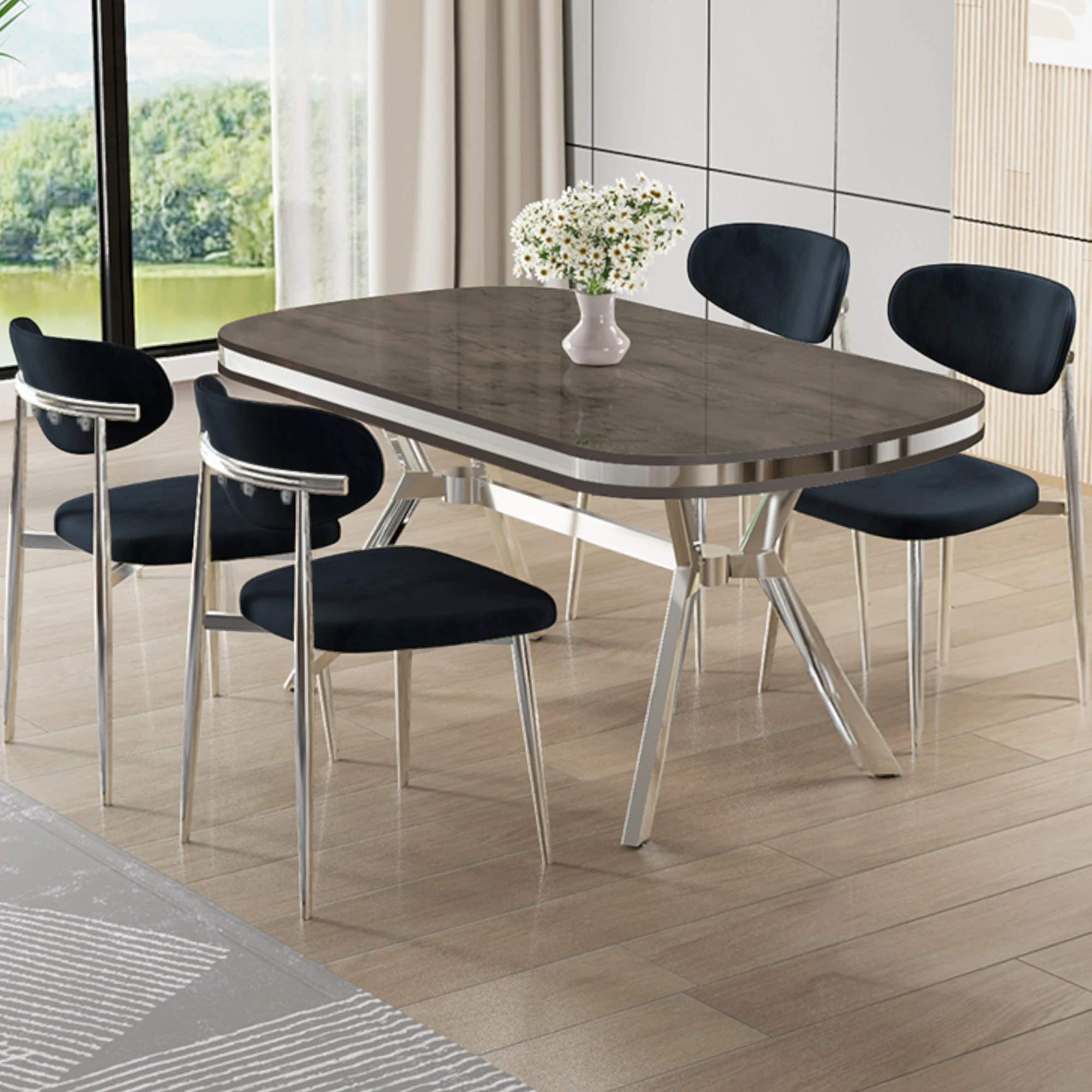 Antrasit ironi Masa Antrasit Sandalye Krom Ayak