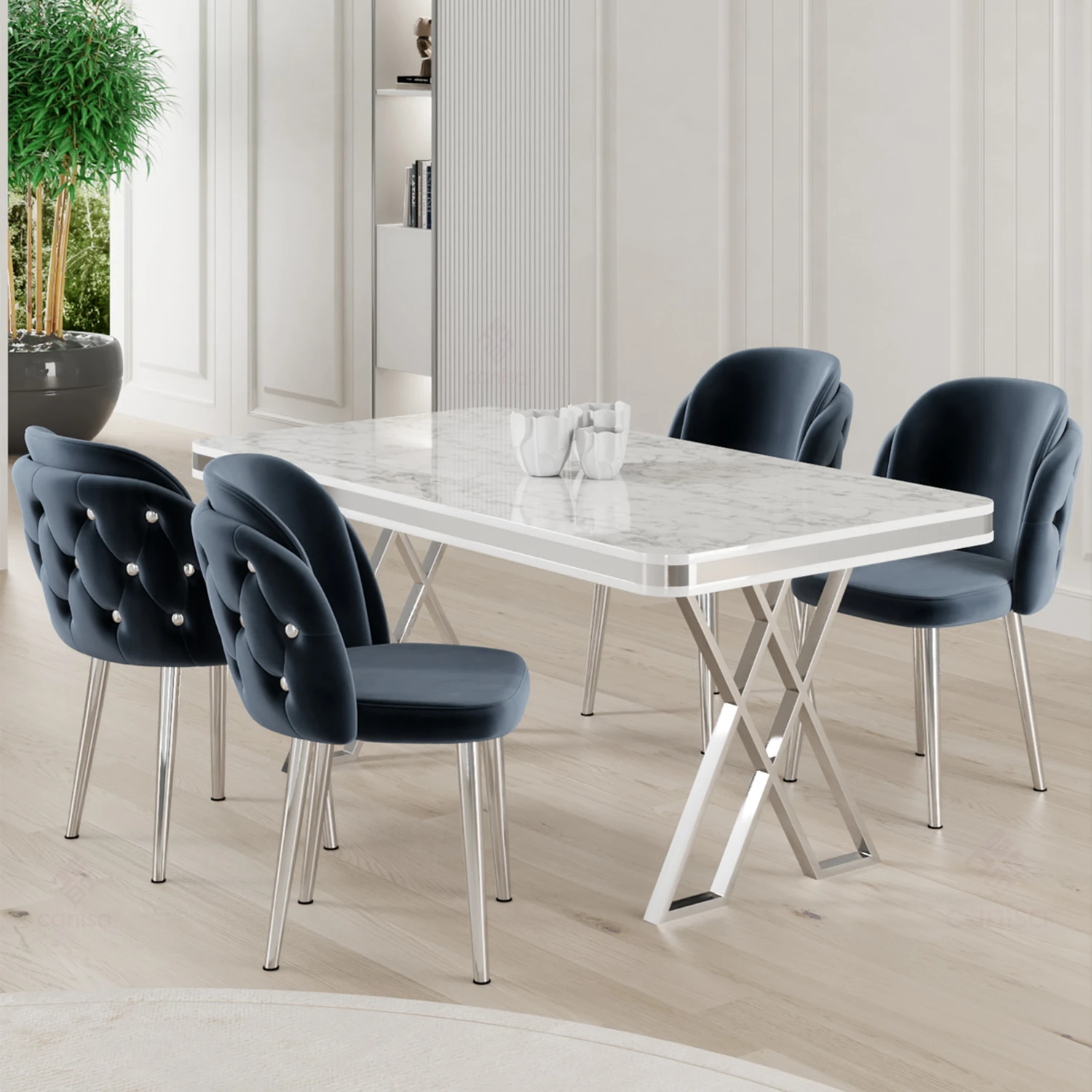 Rigel Serisi 80x130 Lak Panel Beyaz Mermer Desen Masa ve 4 Sandalye Krom Kaplama Ayak